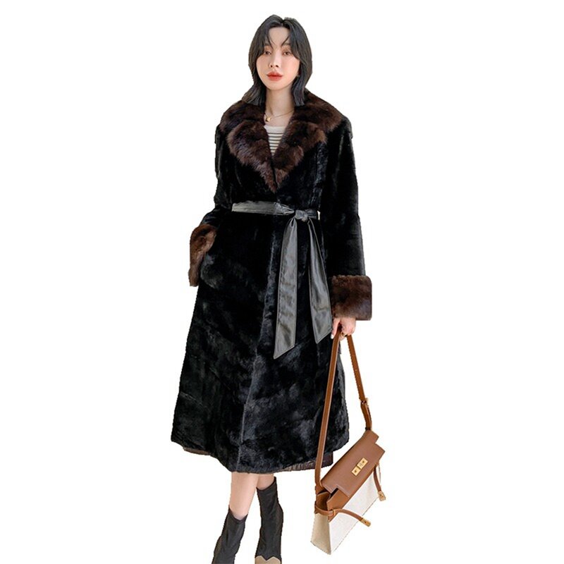 110ซม.Wholeskin หญิง Mink Fur Coat ฤดูใบไม้ร่วงผู้หญิงฤดูหนาว Warm Outerwear LF2308JY
