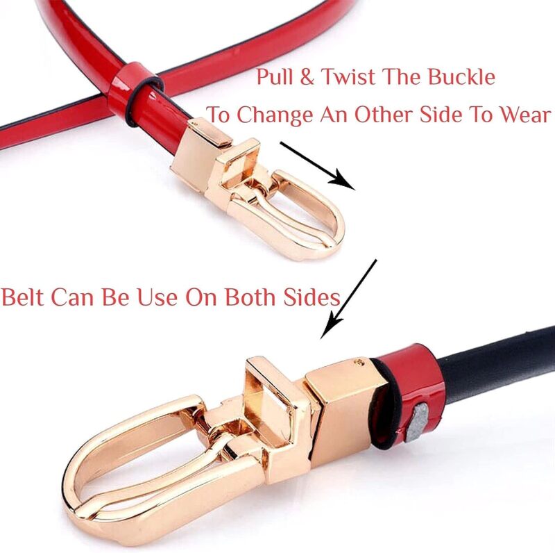 Women's Belts Skinny Leather Belts Slim Waistband Twist To Convert Worn On Both Sides Gold Color Alloy Buckle Matching Dress