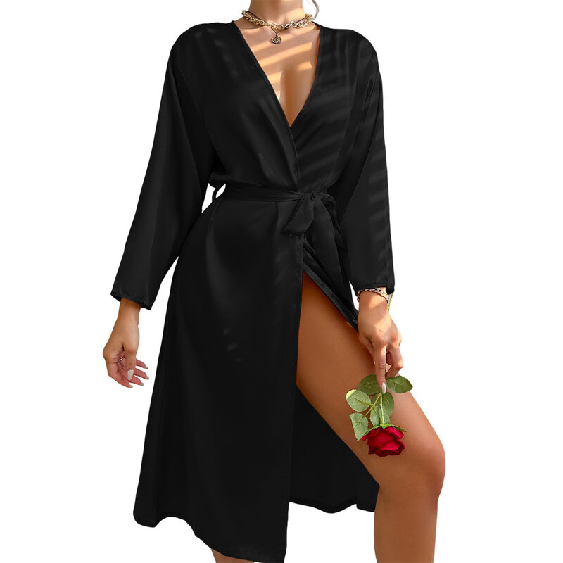 2024 модная женская пижама, сексуальная шелковая ночная рубашка, халат с длинным рукавом, Модный повседневный домашний халат Fury, ДЛИННЫЙ КРУЖЕВНОЙ ХАЛАТ, утренний халат