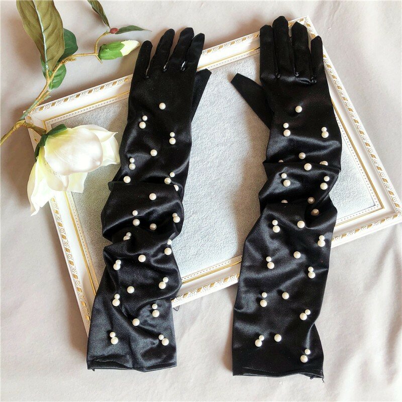 Women Pearl Satin Elegant Fashion Personality Dress Etiquette Photography Accessories Long Gloves Thin Breathable Elasticity