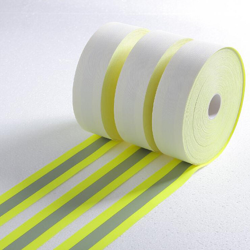 Material de tela retardante de llama reflectante, amarillo fluorescente y rojo, cinta para coser