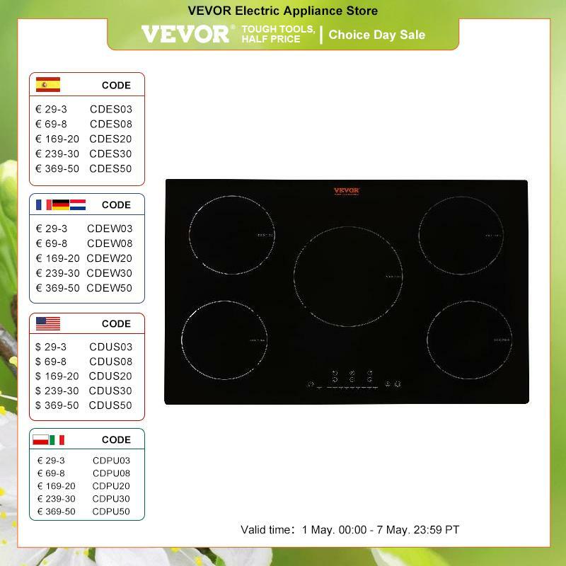 VEVOR-Plaque de cuisson à induction électrique, 5 brûleurs, 30/36 ", plaque de cuisson magnétique, Eva intégré, capteur de cuisson, contrôle tactile