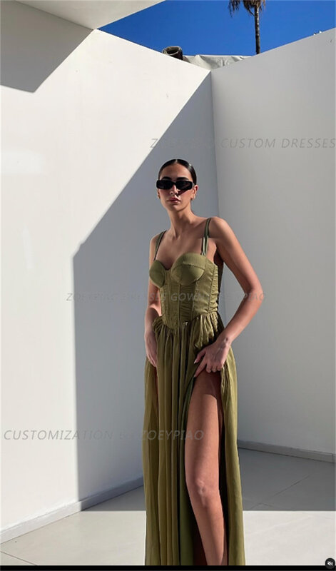 Green Chiffon Side Slit Evening Dresses Long Prom Dress A-Line Sweetheart Floor-Length Formal Club Occasion Party Gowns