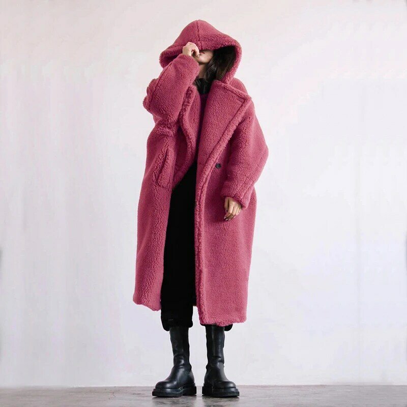Cappotto invernale da donna in pelliccia sintetica di alta qualità cappotto lungo in pelliccia di agnello con cappuccio di lusso cappotto con risvolto grande spesso caldo capispalla femminile di grandi dimensioni
