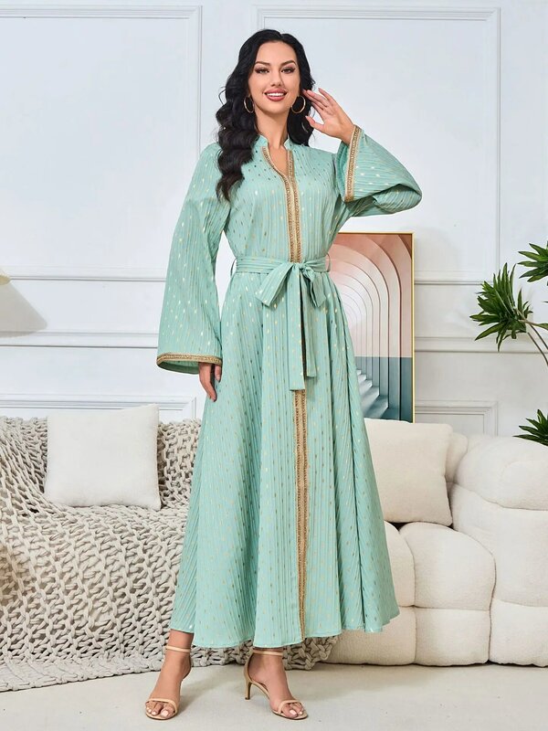 Kaftan Dresses for Women Gold Stamping Crinkled Fabric Belted Arabic Robe Muslim Caftan Islamic Dubai Moroccan Jalabiya Ramadan
