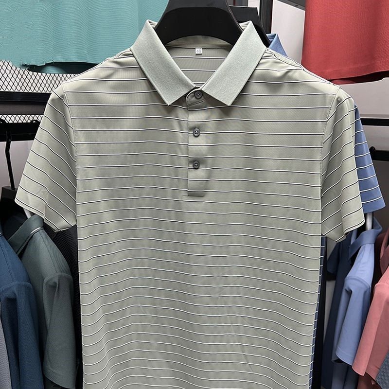 Letnia cienka lodowy jedwab fajna męska koszulka Polo z solidnym paskiem na guziki z klapą, elegancka, elastyczna, oddychająca bluzka z krótkim rękawem
