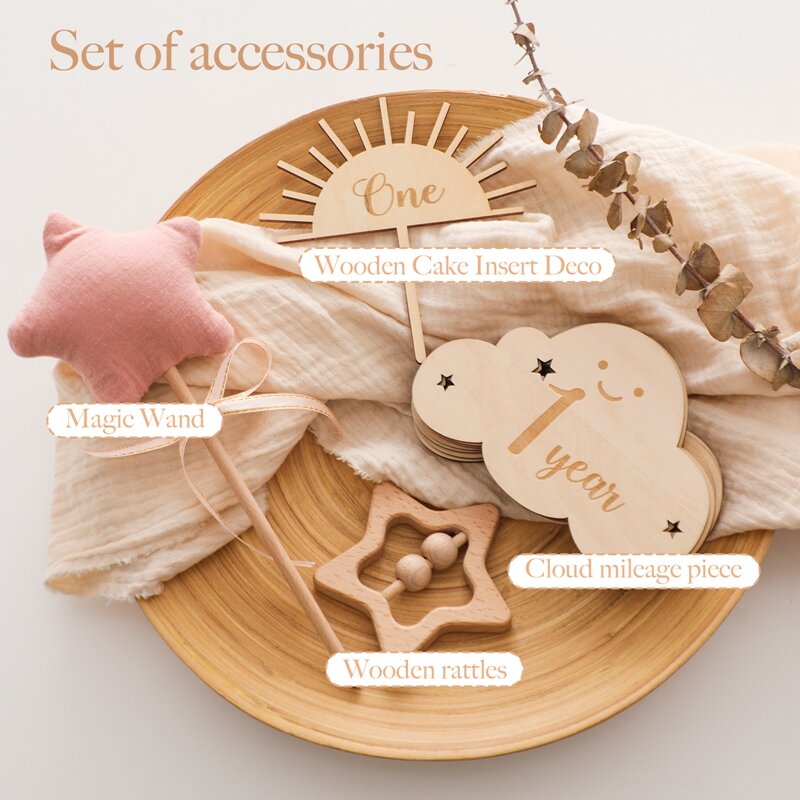 15pcs/Set Wooden Baby Milestone Card For Newborn Cute Cloud Shape Photography Props Accessories Month Cards Sticker Newborn Gift