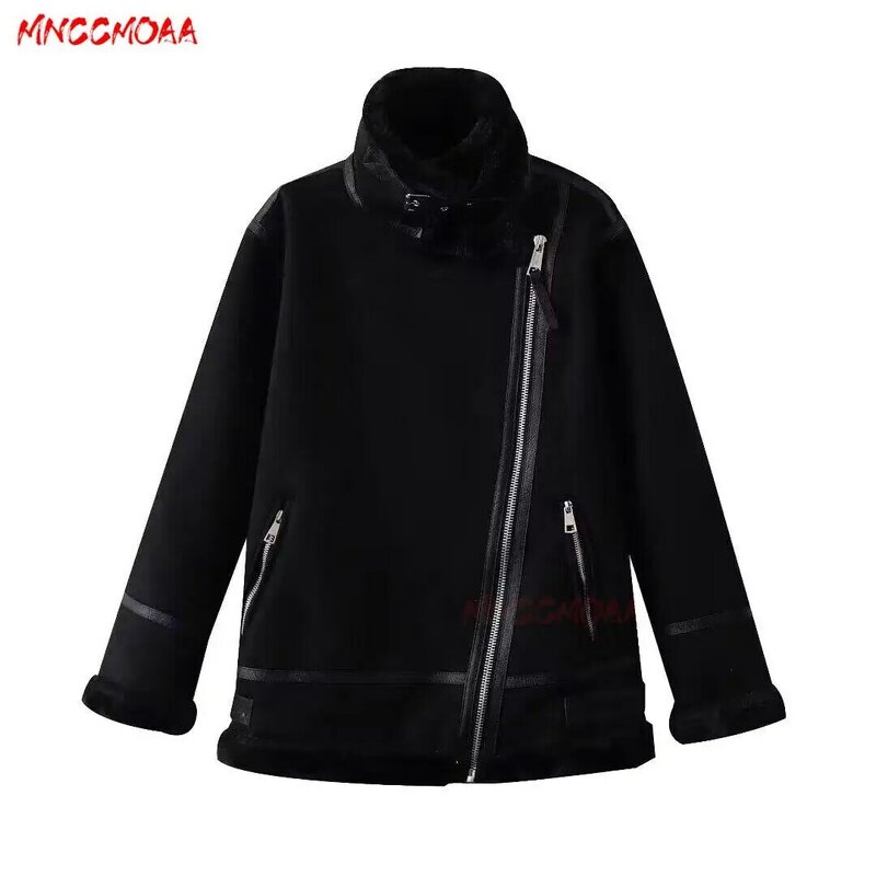 MNCCMOAA 고품질 2023 겨울 여성 패션 루즈 두꺼운 따뜻한 양털 인조 가죽 재킷 코트, 여성 캐주얼 지퍼 아웃웨어