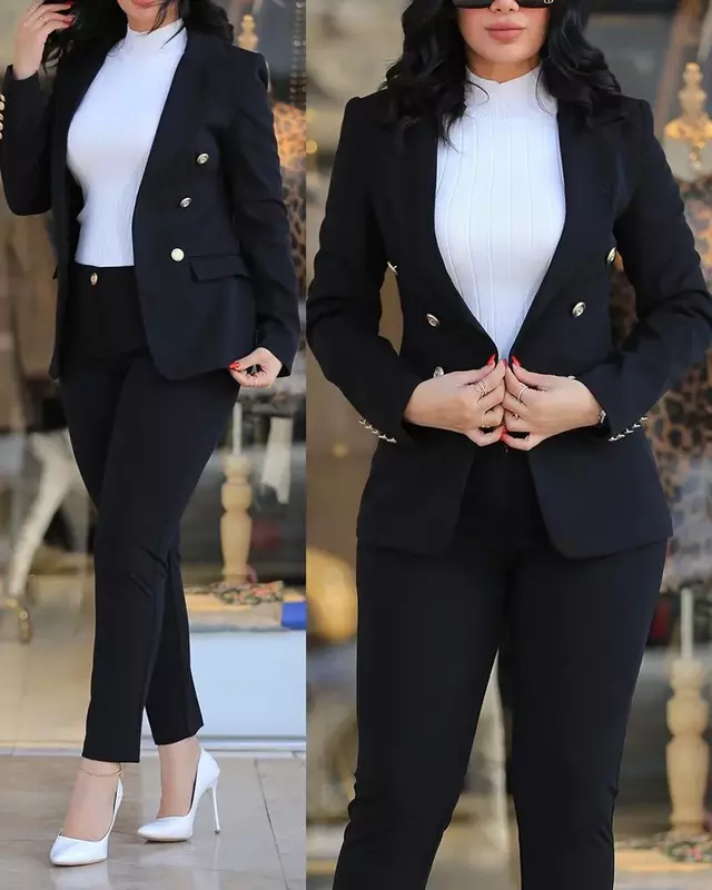 Blazer de manga comprida e calças de cintura alta com pescoço entalhado, moda casual, elegante senhora do escritório, outono, 2 peças