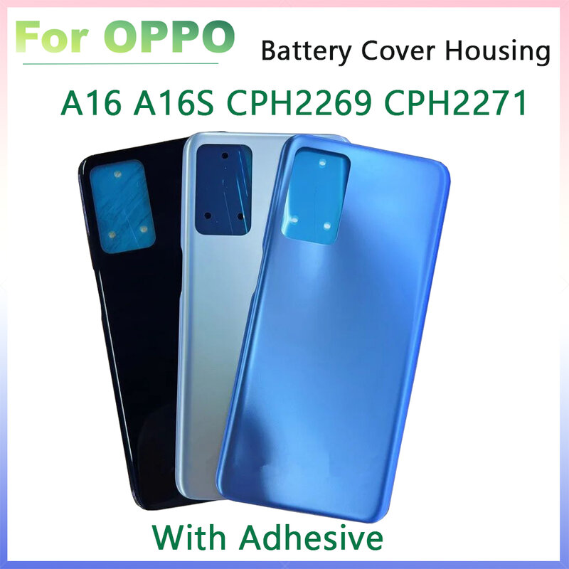 Penutup baterai untuk OPPO A16 A16S CPH2269 CPH2271 penutup belakang baterai plastik pengganti pintu casing belakang ponsel + perekat Logo
