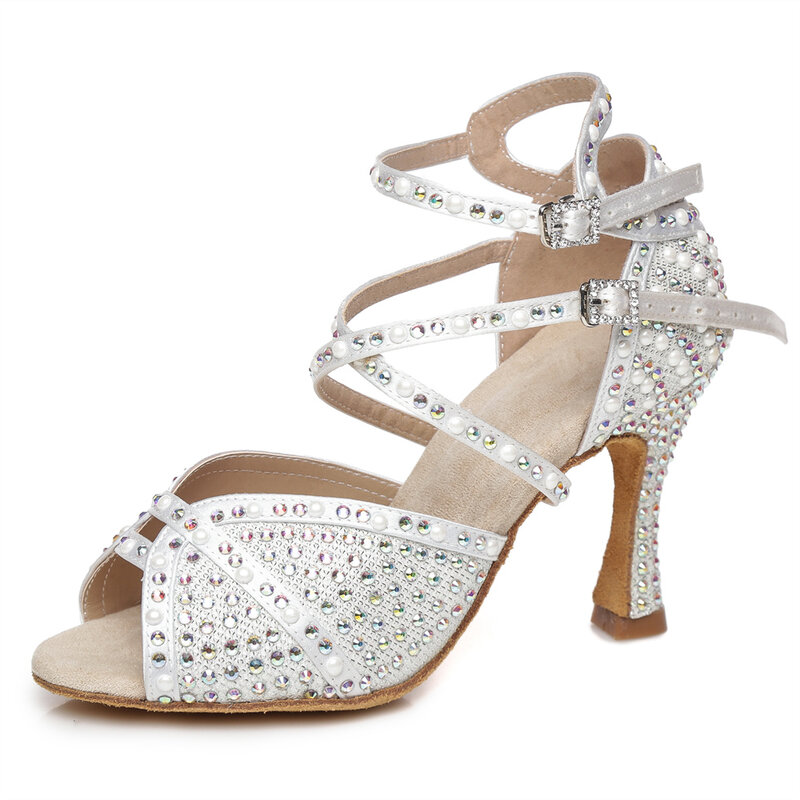 Juerting-zapatos de baile latino para mujer, calzado de baile de salón con perlas de seda y diamantes de imitación, suela suave, tacón alto, 2022