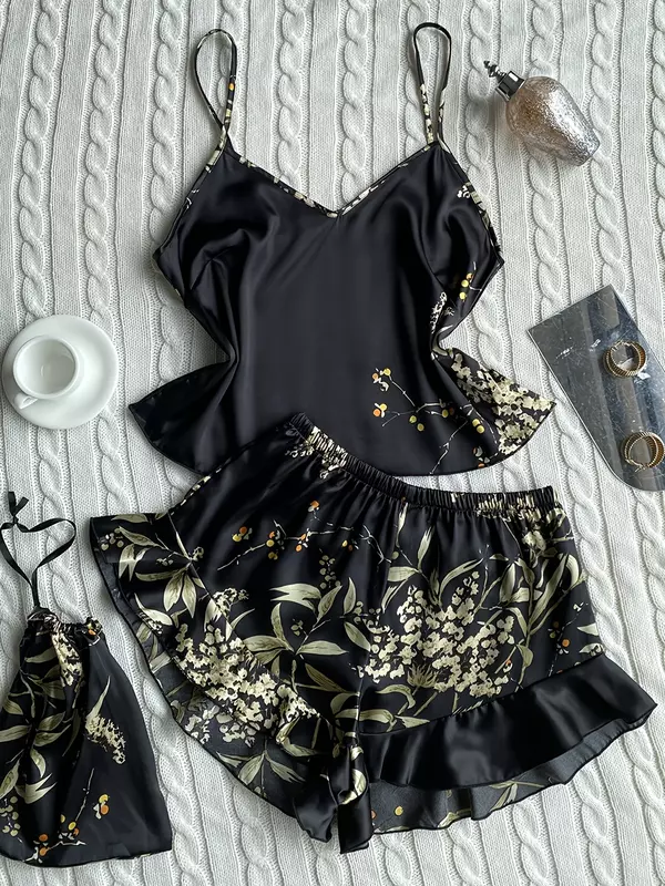 Conjunto de pijama estampado floral feminino, tops elegantes, shorts com babados, roupa de dormir, loungewear