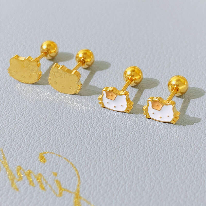 Sanrio-小さなイヤリング,18kゴールド,ハローキティ,猫用,ステンレス鋼スタッド,素敵な漫画デザイン,女の子へのギフト