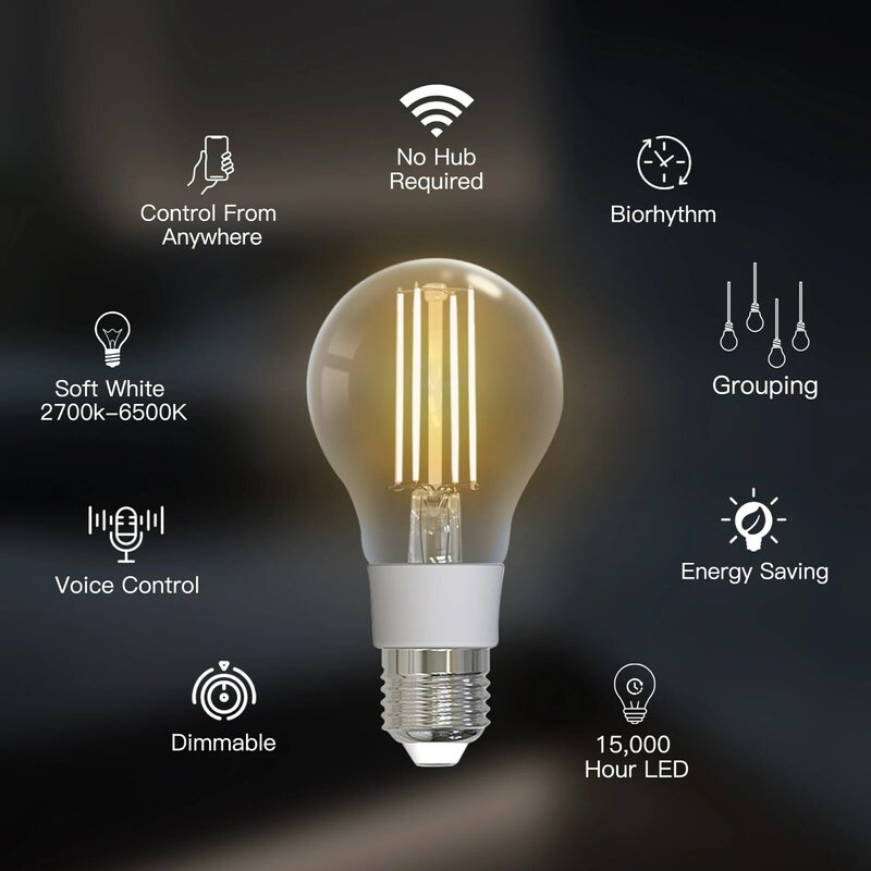 MOES-bombilla de filamento inteligente con WiFi, lámpara de luz LED E27, iluminación regulable de 2700K-6500K, 806Lm, Tuya, Alexa, Control por voz de Google, 90-250V, 7W