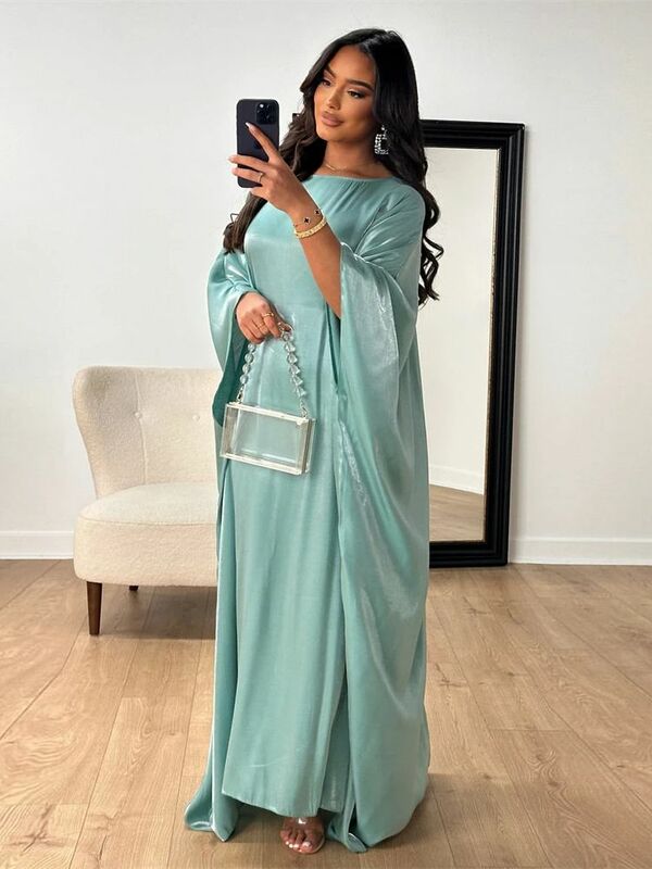 Batwing gaun Maxi Muslim Khimar Abaya Satin lengan kupu-kupu untuk wanita Kaftan Abaya pakaian wanita jubah Kaftan Kebaya
