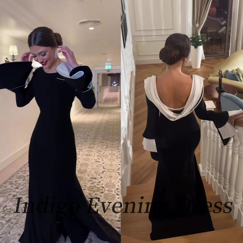 Indaco New Fashion Satin Prom Dresses Backless Pearls fessura Flare Sleeves Women Elegant Party Dress 2023 vestidos de gala mujer