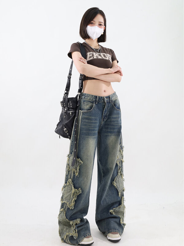 American Retro Washed Wide-Leg Star Patch Jeans Women High Street Y2K Niche Design Loose Straight Denim Pants