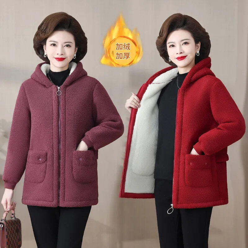 2024 겨울 두꺼운 플리스 싱글 브레스트 양털 여성 코트, 후드 라펠 포켓, 모조 모피, 따뜻한 캐주얼 재킷