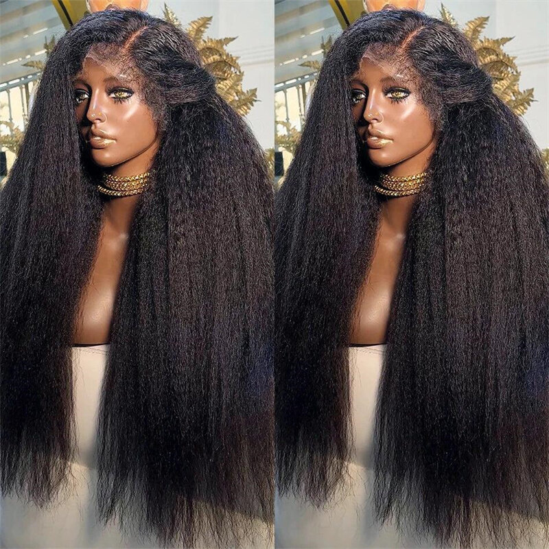 Yaki, длинный парик без клея, плотность 180, 26 дюймов, курчавые прямые синтетические кружевные передние парики для женщин, Детские волосы, предварительно выщипанные, термостойкие, ежедневные