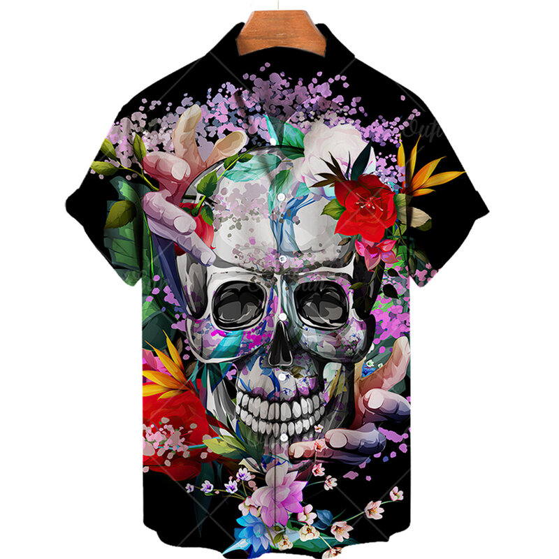 2024 Rose Schädel Hemden für Männer 3d gedruckt Männer Hawaii Hemd Strand Kurzarm Mode Tops Hemd Mann Kleidung Camiseta
