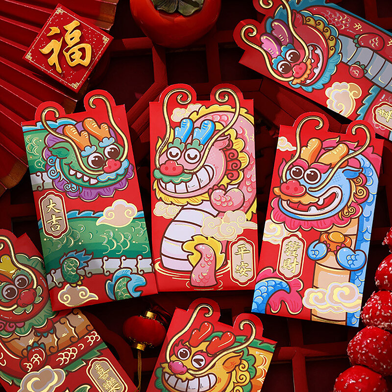 التنين الصيني العام الكرتون محظوظ المغلف الأحمر ، مهرجان الربيع الإبداعي ، هدية الاطفال ، حزمة المال ، 6 قطعة ، 2024