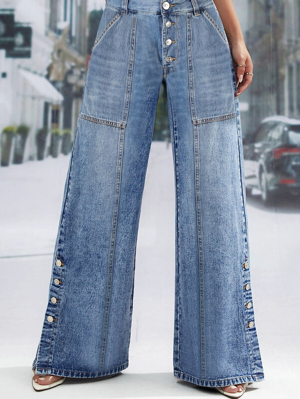 Wysoka talia dżinsy z szeroką nogawką damska moda wysoka talia guziki szerokie nogawki długie spodnie luźne wyszczuplające proste modne długie spodnie