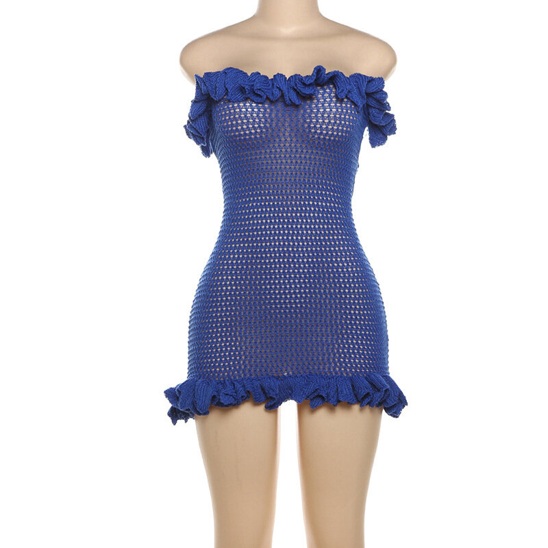 Женское трикотажное мини-платье с оборками, облегающее пляжное платье с вязаным крючком, лето 2024