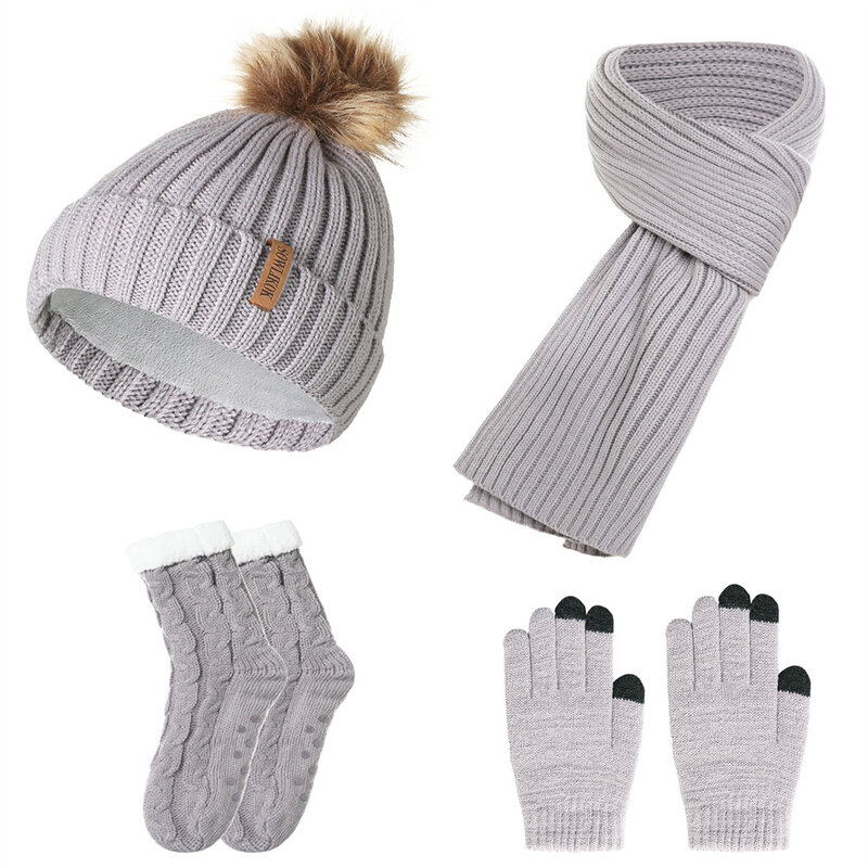 4 buah set kaus kaki syal topi musim dingin rajutan tetap hangat lembut tebal hadiah Tahun Baru 2024 anak laki-laki dan perempuan bulu domba natal