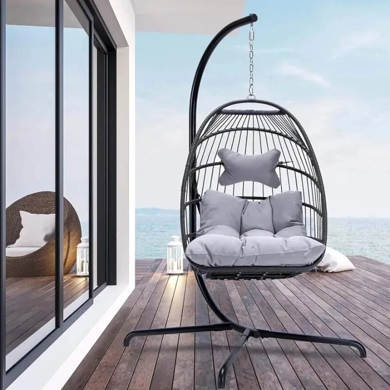 Krzesło hamakowe Patio ze stojakiem, wiklinowe wiszące krzesło jajeczne Hamak huśtawkowy, poduszka ochronna UV, udźwig 350 funtów