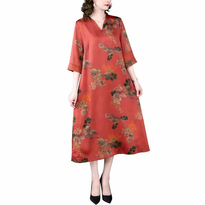 2024 Summer New Middle Aged And Elderly Mom's Wear Fashion Dress Large Size Loose Vintage V-Neck Printed Dress For Women K829
