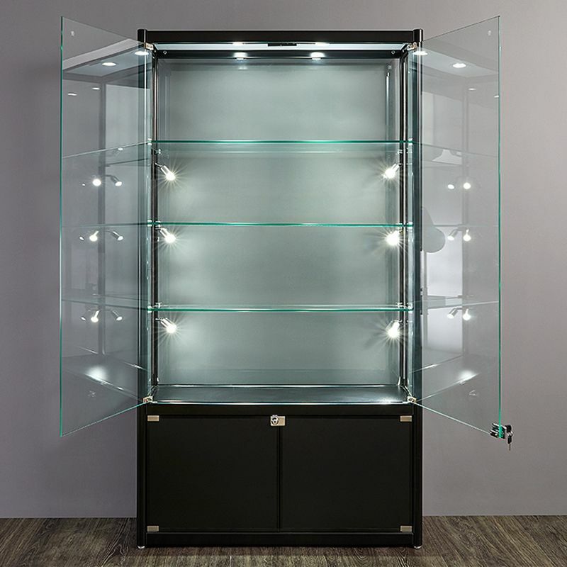 Пользовательская алюминиевая рама, большая зеркальная Регулируемая стеклянная полка, блокировка шкафа, дисплей со светодиодными лампами