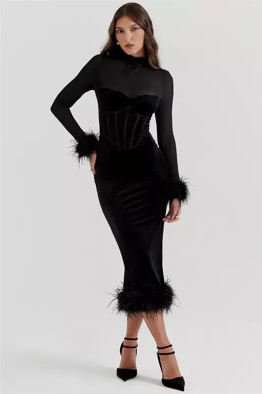 Nowa elegancka spódnica z piór dla kobiet czarna modna jednolity rękaw bez pleców klub Bodycon długa sukienka na imprezę CSM2YL23648