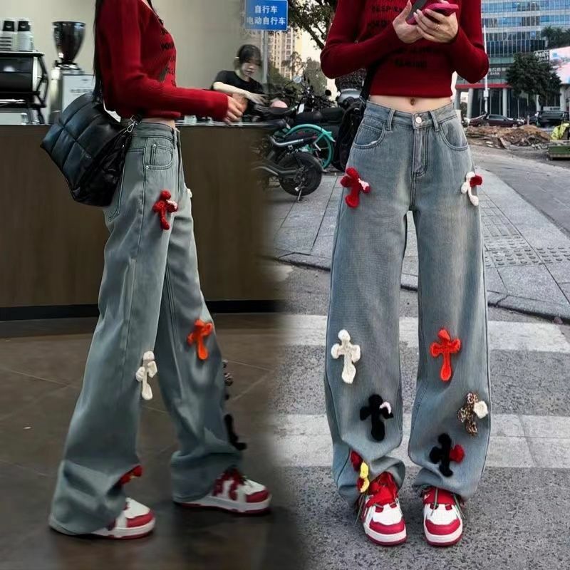 2024 American cross embroidered jeans for women ins trendy summer new style versatile loose slimming straight wide leg pants