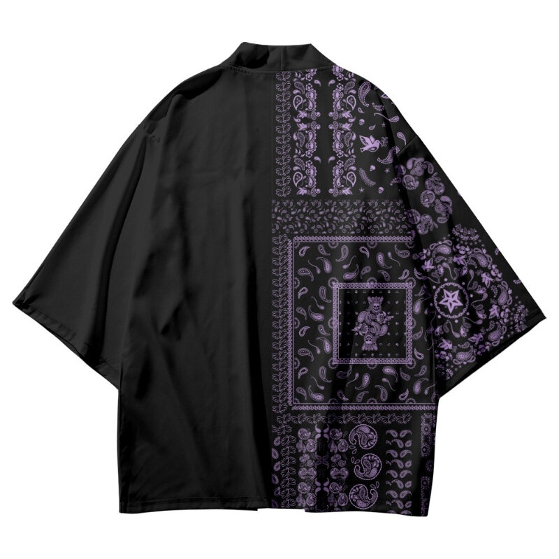 Patchwork Roxo Paisley Imprimir Camisa para Homens e Mulheres, Haori Tradicional, Haori Cosplay, Kimono, Harajuku, Moda Japonesa Cardigan, Yukata