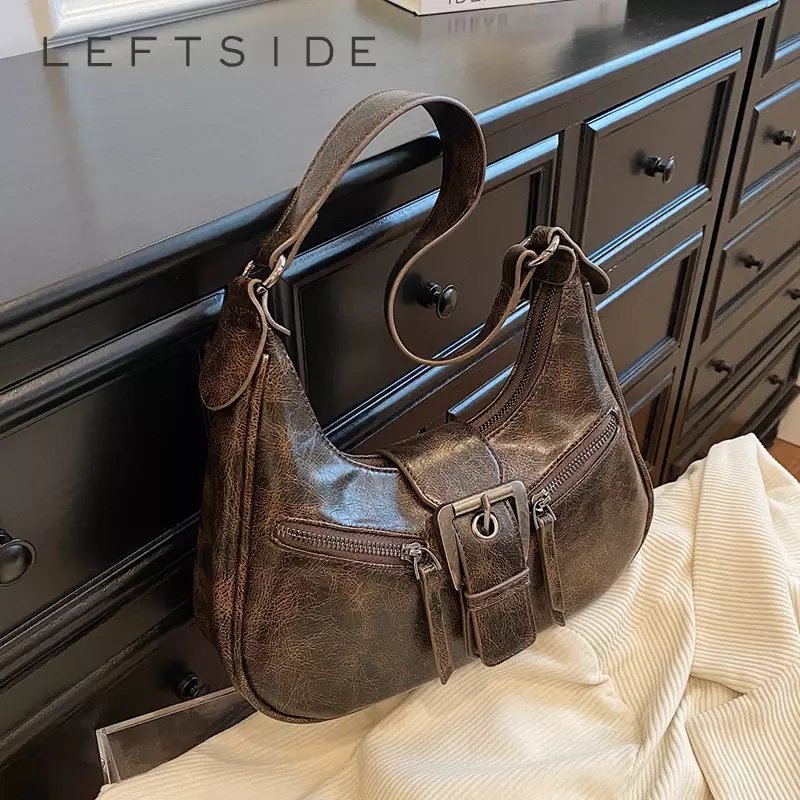 LEFTSIDE Retro Belt Design PU Leather Shoulder Bags for Women 2023 Y2K Small Vintage Female Underarm Crossbody Bag Handbags