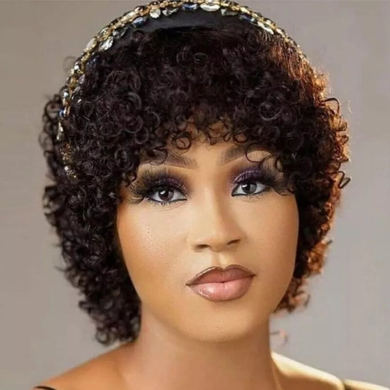 Pelucas Afro rizadas con corte Pixie para mujer, cabello humano Remy negro Natural de 180% de densidad, completamente hechas a máquina, sin pegamento