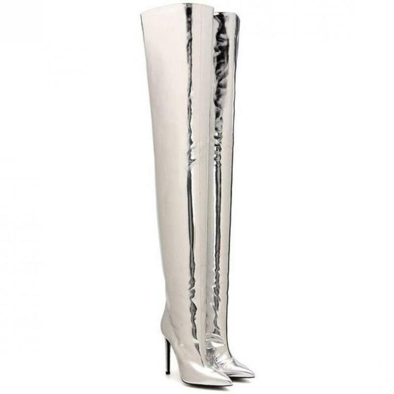 Exquisite Women Winter Knee-High Boots Silver Color Pointed Toe Beautiful Boots Sexy High Heels Hot Selling Over The Knee Boots