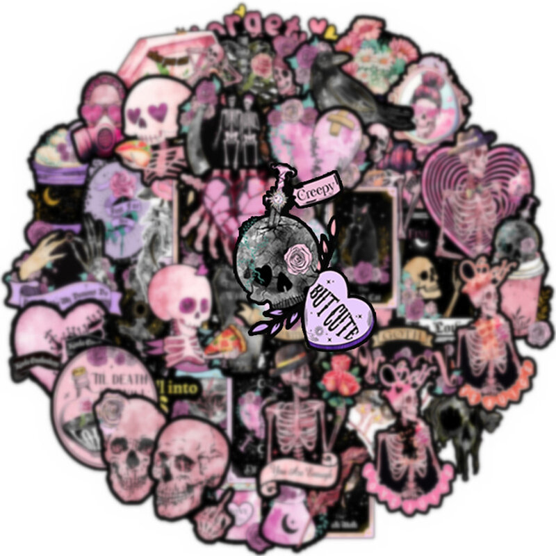 Autocollants de crâne gothique rose foncé, décoration esthétique bricolage, coque de téléphone, planche à roulettes, valise, décalcomanies graffiti cool, 10 pièces, 30 pièces, 50 pièces