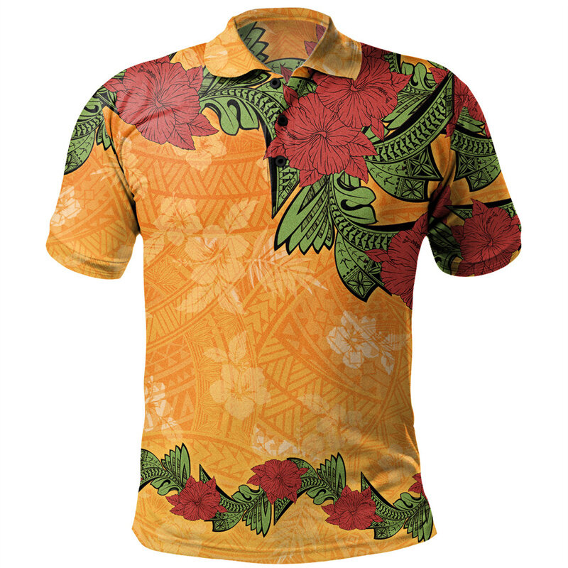 Polo con patrón polinesiano para hombre, camiseta de manga corta con estampado 3D de flores hibisco Plumeria, botón suelto, solapa hawaiana