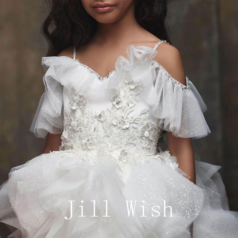 Jill Wens Elegante Witte Bloem Meisje Jurk Kralen Prinses Kinderen Bruiloft Verjaardag Eerste Communie Feest Prom Jurk 2024 J274
