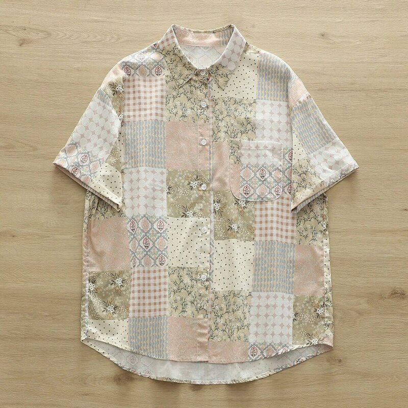Harajuku moda patchwork camisas estampadas para menina, 100% algodão fios vintage tops, manga curta, estilo mori, verão