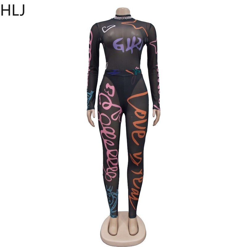 HLJ Sexy Mesh Perspective Graffiti Print Bodycon Jumpsuits Women O Neck Long Sleeve Slim Playsuit Fashion Holiday Party Clothing