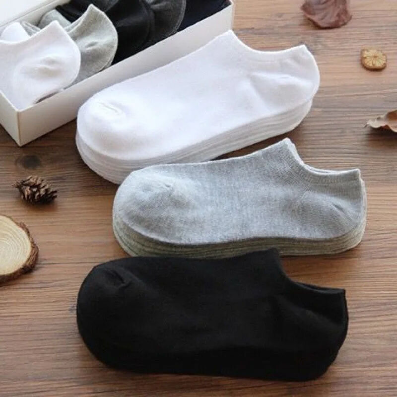 Meias monocromáticas para homens e mulheres, meias esportivas invisíveis, meias curtas de algodão respirável, preto, branco, cinza, 10 pares, 5 pares