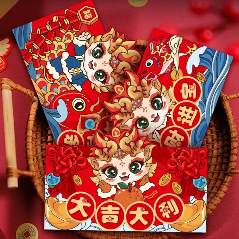 4/6ชิ้น2024แพ็คเก็ตปีใหม่ซองจดหมายสีแดงกระเป๋าเงินลายมังกรกระเป๋าใส่เงินโชคดีมีคำอวยพรกระเป๋าสีแดง