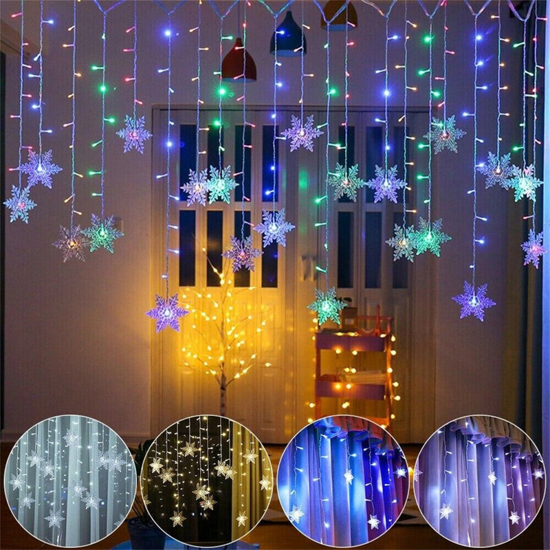 Natal LED Snowflake Cortina, Icicle, Fairy String Lights, guirlanda ao ar livre, festa em casa, jardim, decoração de ano novo, 4m