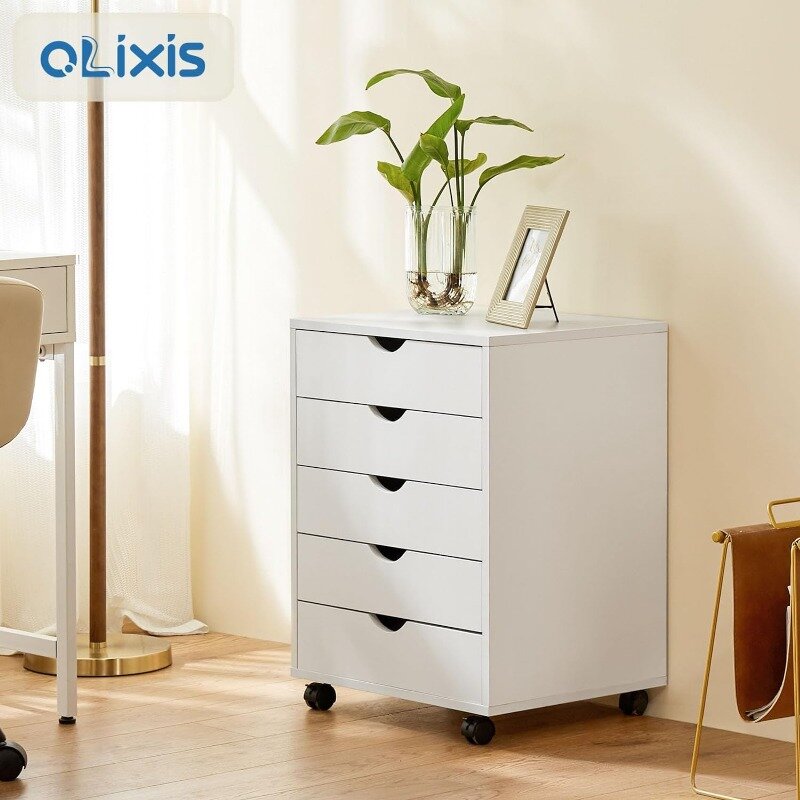 OLIXIS-خزانة ملفات خشبية للمنزل والمكتب ، تخزين متنقل محمول ، 5 أدراج ، أبيض ، 15.75 بوصة X 18.74 بوصة X 25.39 بوصة