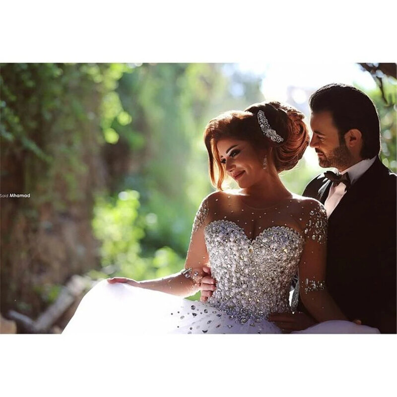 ANGELSBRIDEP Luxus Kristalle Ballkleider Hochzeit Kleider Lange Ärmel Tüll Elegante Arabisch Dubai Brautkleider Vestido De Noiva