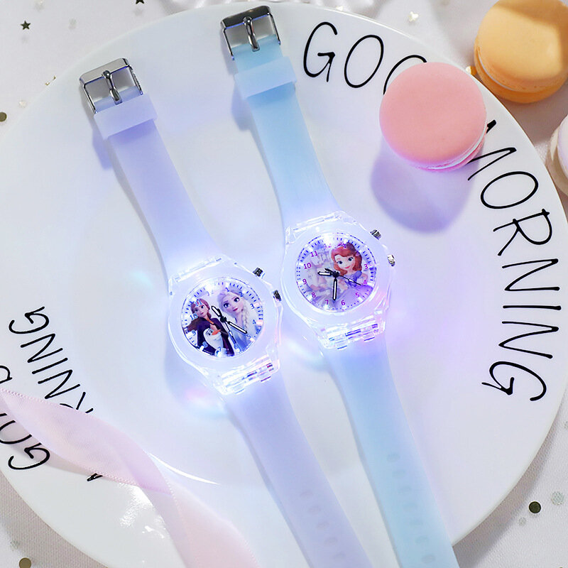 ساعة ديزني فروزن الأميرة عائشة للأطفال ساعة مضيئة طالب سيليكون أضواء ملونة ساعة هدايا للبنات ساعات أطفال