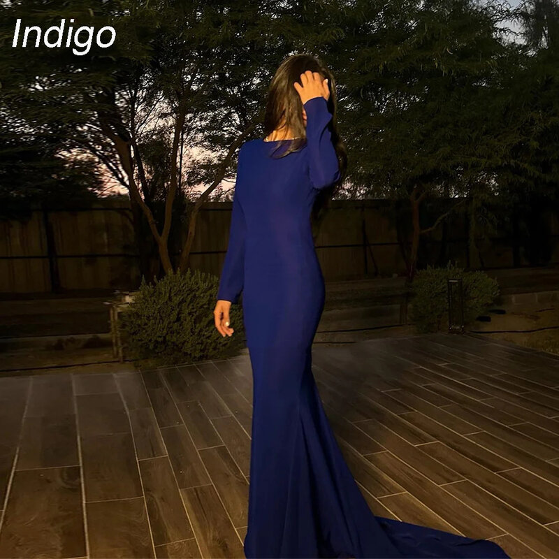 Indigo Simple Prom Dress 2024 Mermaid Long Sleeve Open Back O-Neck Satin Sweep Train Elegant Evening Gowns For Women فساتين الس