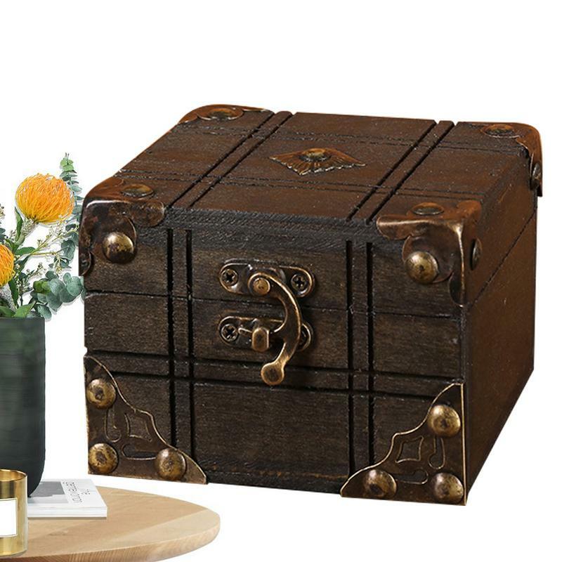 صندوق مجوهرات خشبي صغير مع قفل ، صندوق الكنز الرجعية ، صندوق تذكار ، منظم سطح المكتب ، هدية للأطفال ، ديكور المنزل ، صغير